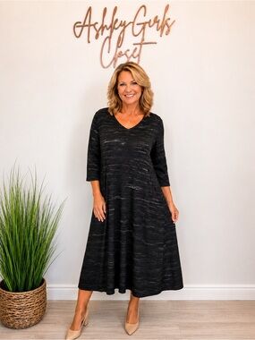 Pas de Calais Abstract Stripe Midi Dress Size 36 Black Gray Japanese Designer NW